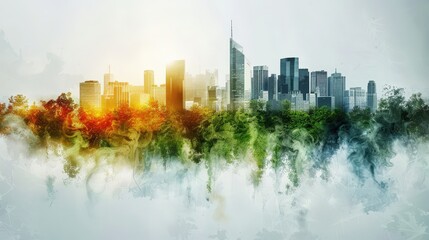 Obraz premium A stunning modern city skyline with abstract artistic elements, vibrant colors, and a beautiful sunrise in the background.