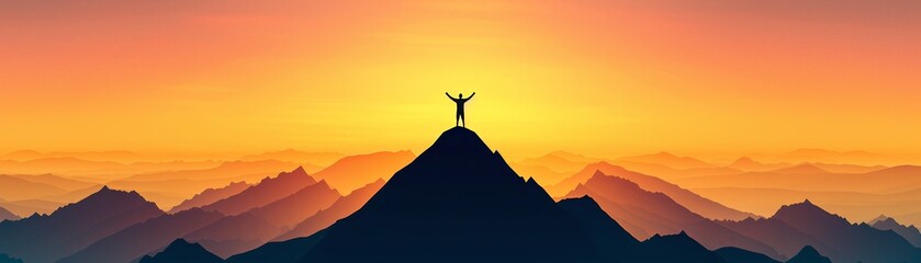 Silhouette of a Man Standing on a Mountain Peak at Sunset.