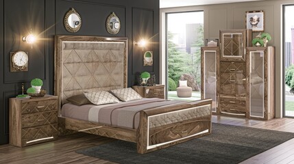 Obraz premium Luxurious Bedroom Interior Design With Wooden Bed and Dresser