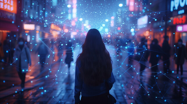 Woman Walking Through City With Digital Network Overlay