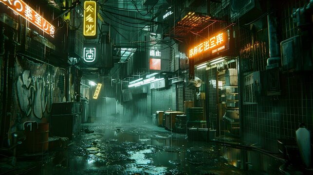 Alleyway with Glowing Neon Signs and Gritty Atmosphere