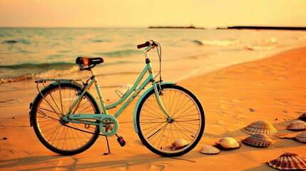 Fototapeta premium Coastal Escape: Bicycle on a Golden Sands Beach at Sunset