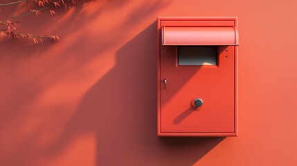 Red street mailbox on a red solid background with copy space