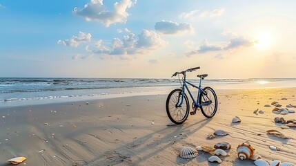 Fototapeta premium Coastal Serenity: A Bicycle at Sunset on a Sandy Shore