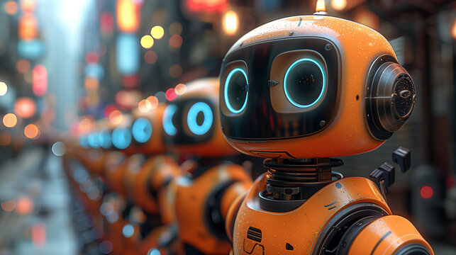 Cute Orange Robots in a City at Night