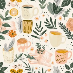 Seamless Pattern of Cozy Comfort Zone Elements with Warm Drinks, Blankets, and Plants in Pastel Colors