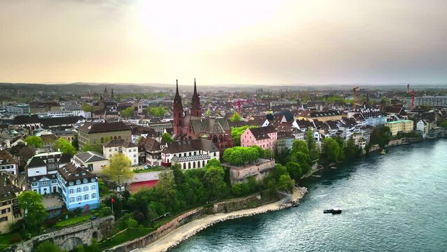 Aerial, drone view of Basel and River Rhine in Switzerland
