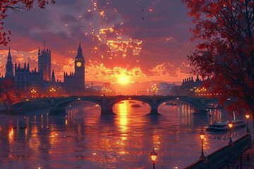 Fototapeta premium A breathtaking sunset over London, highlighting iconic landmarks like Big Ben and the Houses of Parliament, with a vibrant, fiery sky