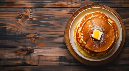Plate of pancakes with piece of butter on a wooden table, top view.