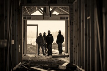 Monochrome image of construction workers at wooden house construction site