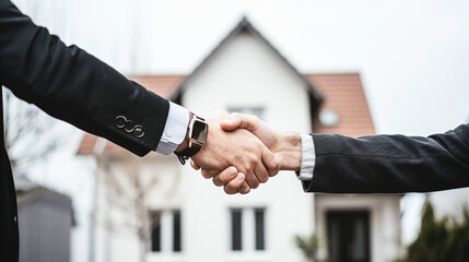 Handshake between a real estate agent and client in front of a house on a white background, capturing trust and partnership in real estate.

