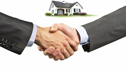 A handshake between a real estate agent and client, set against a plain white background with a house in the background, highlighting trust and partnership.

