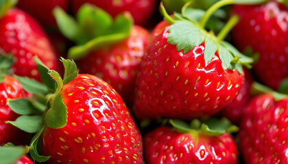 Closeup of ripe juicy red strawberries with green leaves. Fresh fruit, healthy food, summer harvest, organic farming, red berry.