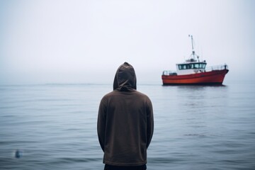 Fototapeta premium A person in an orange hoodie and beanie standing on the shore, gazing at a boat on a calm, overcast sea, horizontal image. The scene conveys a sense of solitude and contemplation with the boat anchore