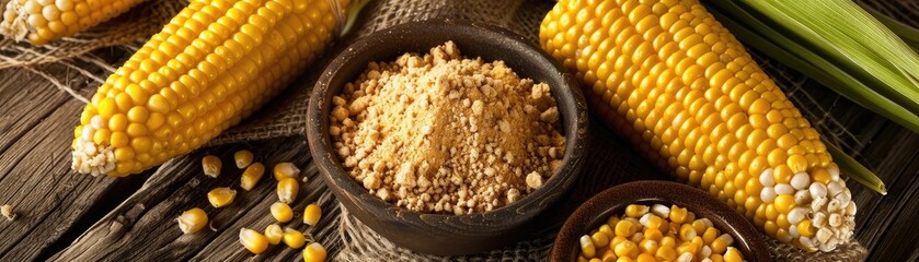 Closeup of fresh corn cobs and a bowl of cornmeal on a rustic wooden table, showcasing natural ingredients and healthy eating.