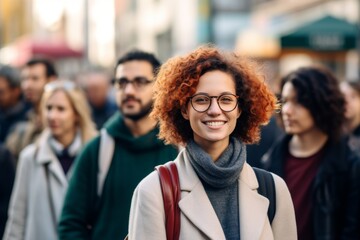 Fototapeta premium A diverse group of young adults walking in a busy urban street, with a young man in the foreground wearing glasses and a gray coat, looking content and thoughtful, horizontal image. The street scene i