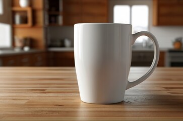 Fototapeta premium closeup empty white cup on wooden table, mock up, copy space