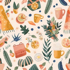 Comfort Zone Elements Seamless Pattern with Cozy Blankets, Warm Drinks, and Plants in Soft Pastel Colors