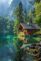 Obraz premium Idyllic mountain cabin retreat by a serene lake