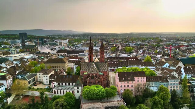 Aerial, drone view of the Basler Munster Cathedral in Basel, Switzerland