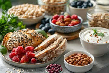 Fototapeta premium Close-Up of Nutritious Food Spread with Whole Grain Bread, Fresh Berries, Nuts, and Yogurt