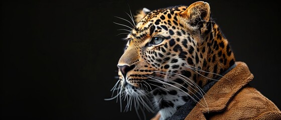 Obraz premium Elegant leopard in a suit posing with a striking gaze, side profile, bright studio lighting