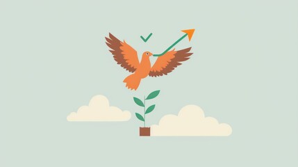 Orange Bird Flying Upwards, Holding Arrow, Green Plant,  Blue Sky and White Clouds