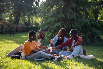 African american students girls and guys having picnic rest on grass in park sharing latest news. Tired group black friends relaxing after university test, taking lunch break sitting on lawn in campus