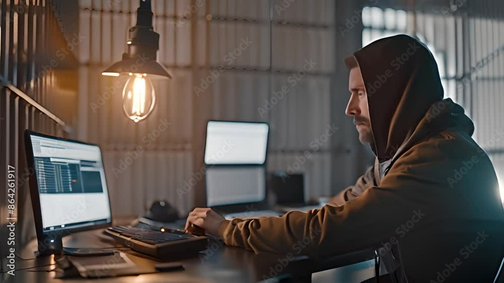 Poster man working on computer in dark prison room generative ai
