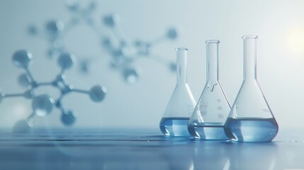 Modern lab with test tubes, chemicals, on white backdrop, soft blue lighting, minimalist design, science and research concept, banner, copy space