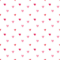 Red and Pink pastel watercolor hearts seamless pattern. Valentines day decor for cards, fabric, wrapping paper, scrapbooking. Hand painted