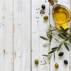 OLIVE OIL IN A WHITE WOODEN BACKGROUND TEXTURE 