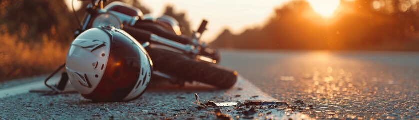 Close-up of a fallen motorcycle and helmet on a road at sunset, highlighting safety and the importance of protective gear.
