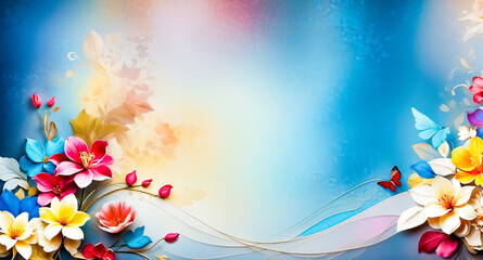 Blue and Yellow Floral Background with Butterflies