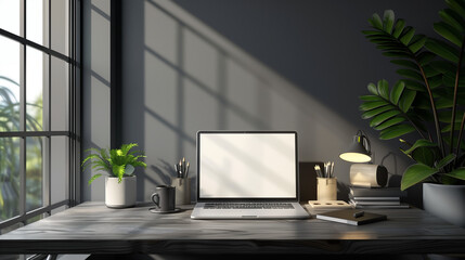 Fototapeta premium Modern living room blends technology and comfort with a laptop open on a sleek desk mockup