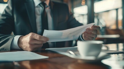 Businessman Reviewing Documents at a Cafe