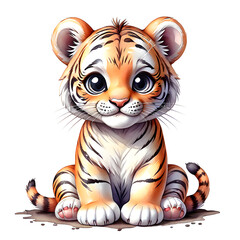 Watercolor clip art on a white background draw a cute baby tiger