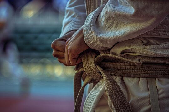 Close-Up of Judoka Tying Belt in Detailed Gi with Blurred Olympic Venue Background - Powered by Adobe