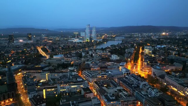 Aerial, drone view of Basel, Switzerland in the evening