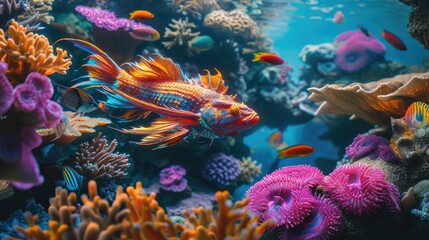 Naklejka premium Enchanted Underwater Realm: Miniature Dragon Fish in Coral