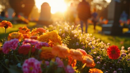 Fototapeta premium Memorial Day Cemetery Scene with Colorful Flowers and Visitors