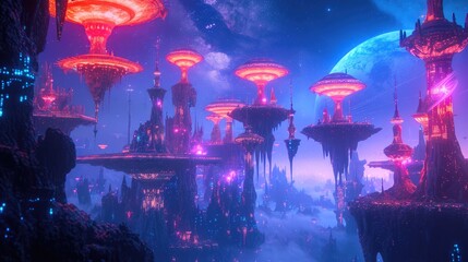 Neon Dreams: Futuristic Cityscape in Alien Terrain
