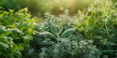 Obraz premium Fresh herbs like rosemary sage basil and thyme on a farm. Concept Herb Farming, Fresh Herb Harvest, Culinary Herbs, Herb Garden Tips, Herb Uses