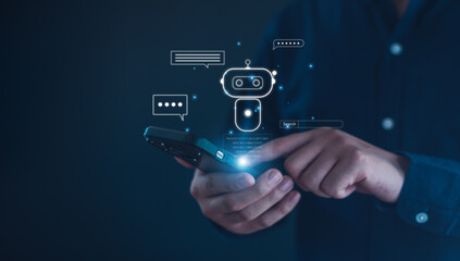 Artificial Intelligence. Chatting with an intelligent ai asks for the answers he wants.Business, modern technology, internet and networking concept.ChatGPT with AI.