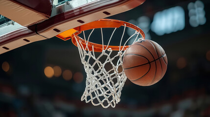 Fototapeta premium A basketball is going through a hoop. The basketball is brown and the hoop is orange. The background is blurred.