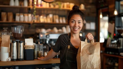 Business owner in coffee cafe. Happy woman with paper bag near showcases.