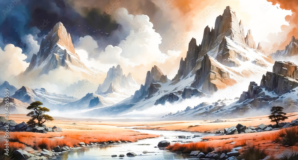 Wall mural Majestic Mountain Landscape with River and Clouds