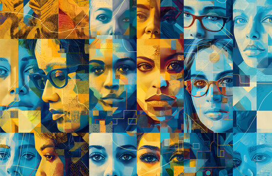 Abstract portrait collage diverse faces colorful geometric design multicultural art human expression modern mosaic vibrant identity inclusivity unity creativity