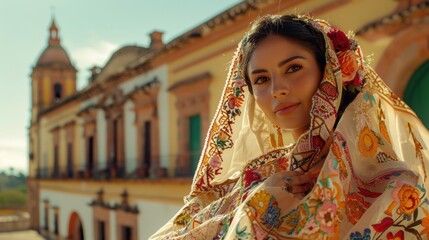 Obraz premium Proud Woman in Colorful Traje de Charro with Sombrero Welcoming in Front of Colonial Building