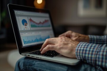 Close-up. Senior man analyzing data and charts on a laptop, making investment decisions or managing finances.